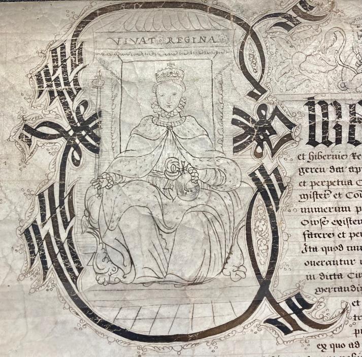Illustration of Queen Elizabeth I in a 1581 charter of the Company of Merchant Adventurers of York [CMAY/1/1/2/1]
